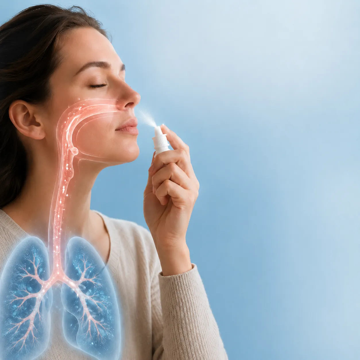 Woman using Breathizen spray — airway support in action